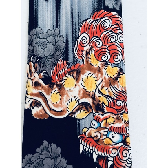 Ed Hardy by Christian Audigier Black Gray Orange Chinese Dragon 100% Silk Tie - Picture 6 of 10